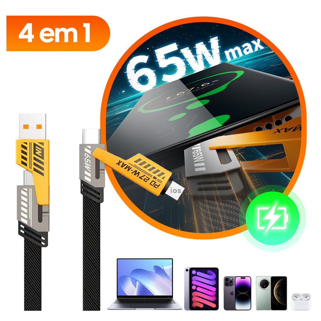 Cabo de Carregamento Rápido 4 em 1 Turbo 1,2 Metro 65W Cabeça de Metal Type C USB iOS/Type C Fast Charge/Charger 120W