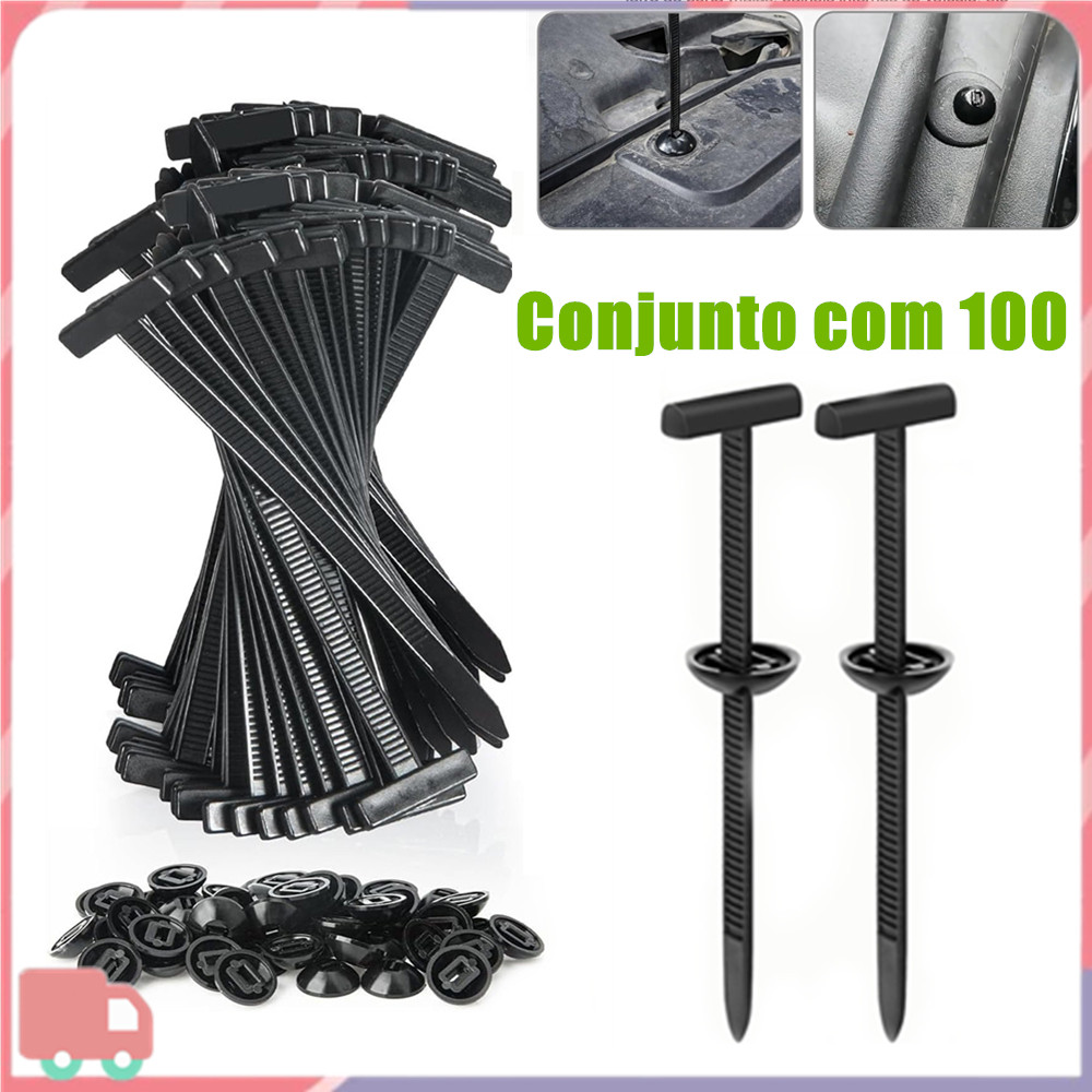 100 Peças Presilhas Universal Abraçadeira T Fixador Chicote Carro Nylon Plug Cinta Automotiva, laços de rolo com fivelas