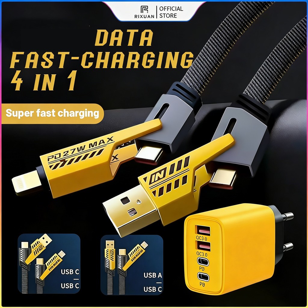 Fast Charging Type C Adapter Charger Dual Port 2C+2USB With 4in1 Data Cable Set Charger