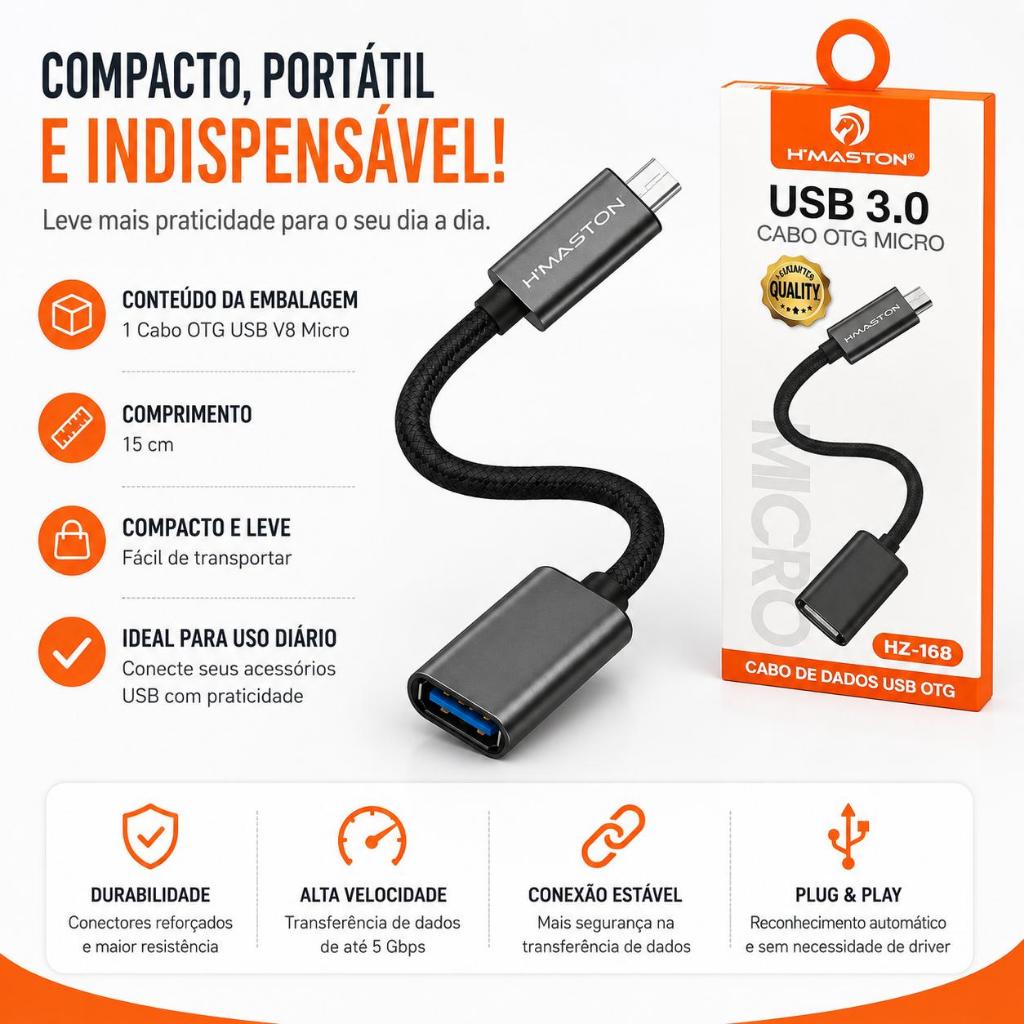 Cabo Adaptador OTG USB V8 Micro Para Celular Tablet Mouse Teclado Pendrive Android Plug Play top