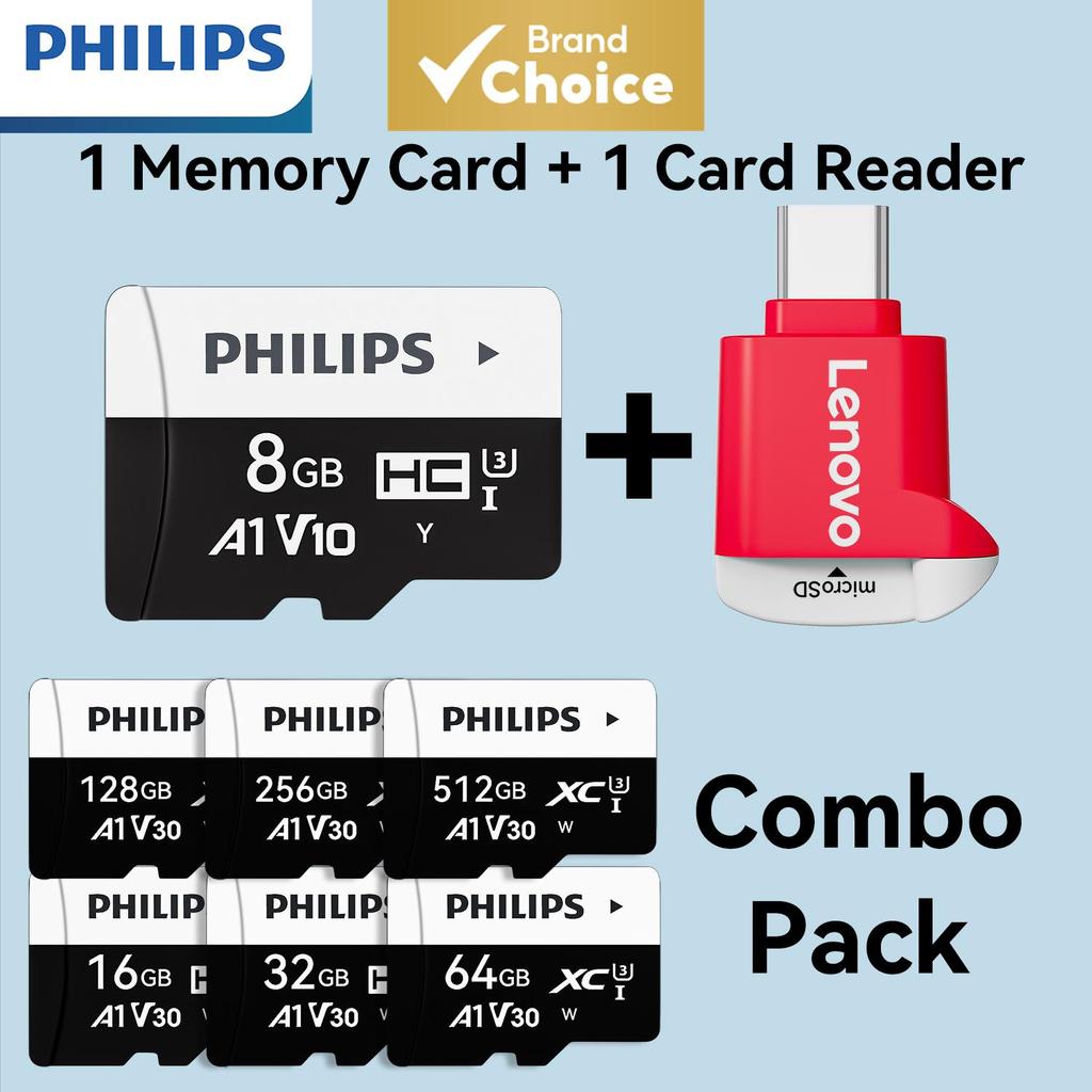 PHILIPS e Lenovo Combo Pack Cartão MicroSD/TF e Leitor de Cartões Tipo-C, Plugue USB 2.0, Plug and Play, Compacto e