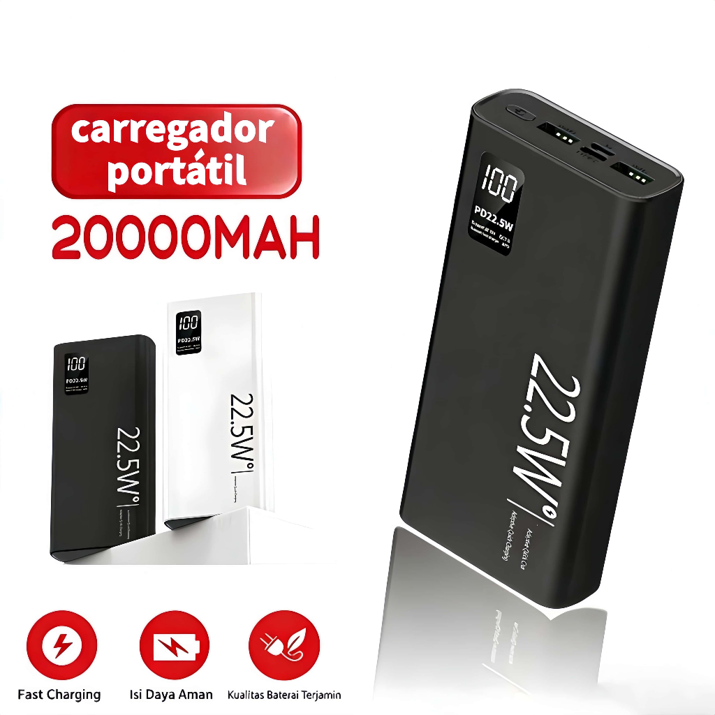 Carregador Portátil 20000mah grande capacidade power bank usb c 22.5w rápido portátil bateria para iphone samsung xiaomi