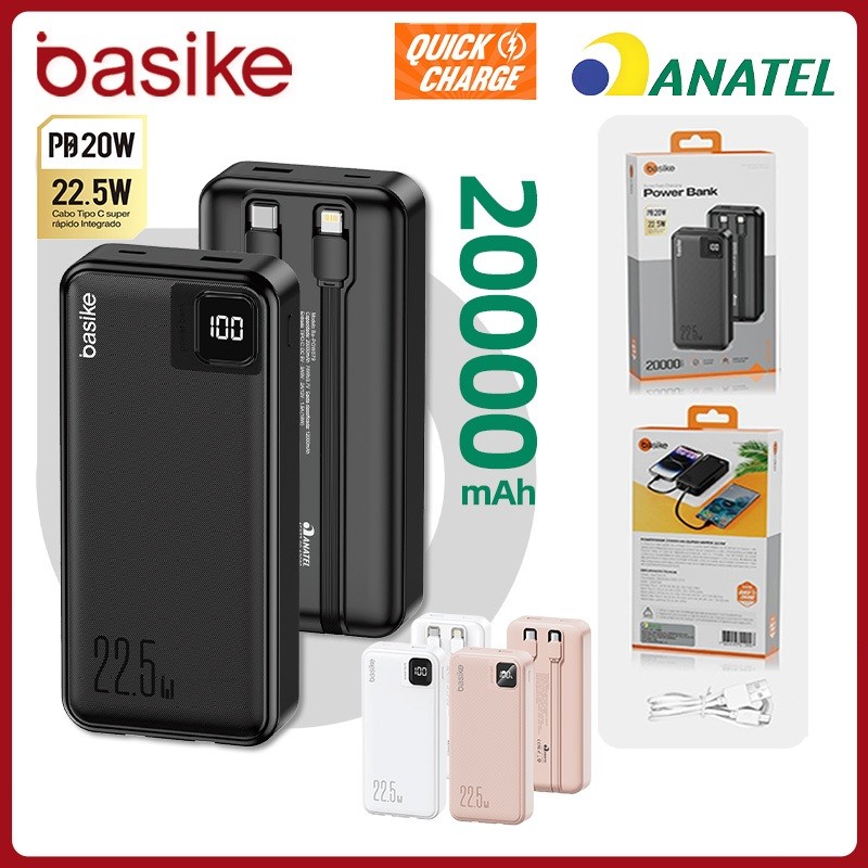Basike Power Bank 20000mAh Carregador Portátil Bateria Externa para iPhone Samsung Xiaomi Pow079