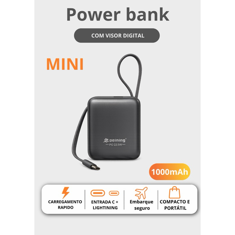 Power Bank 10000mAh Peining PD 22.5W | Carga Rápida | 2 Cabos Reforçados | Visor Digital | iPhone Samsung Xiaomi Android