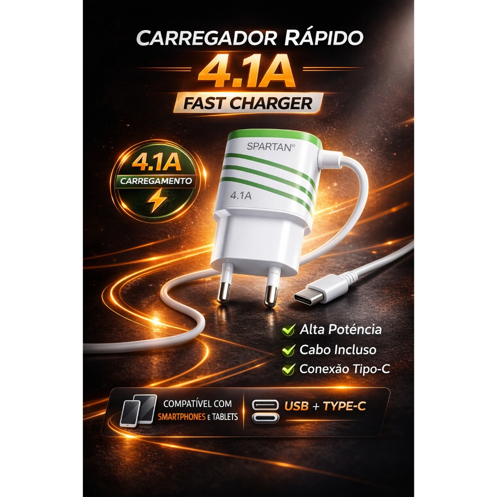 Carregador Spartan Fast Charger 4.1A Turbo cabo USB-C)