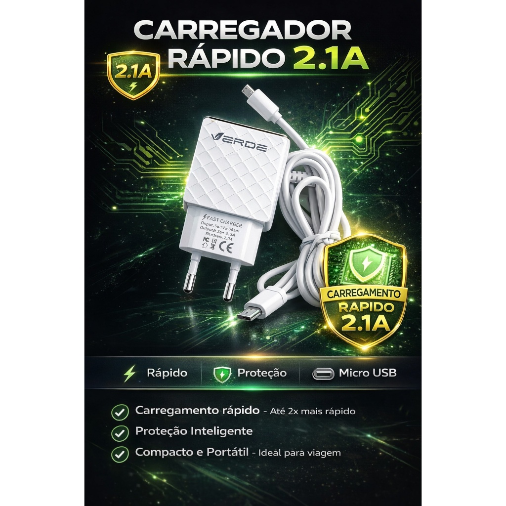 Carregador Verde 2.1A Fast Charger Original (com cabo Micro-USB) Carregador Android