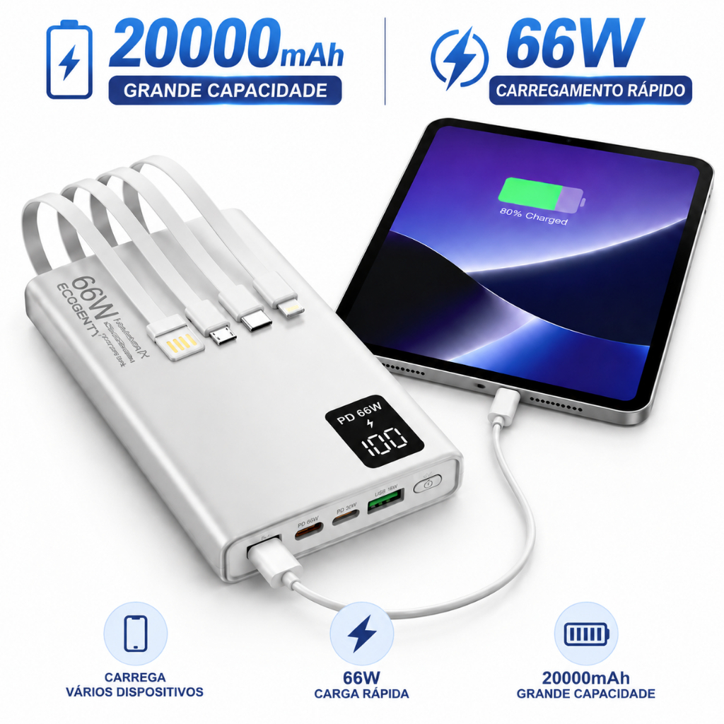 Power Bank 66w 20000mah Carregador Portátil Turbo Celular Carregamento de vários dispositivos