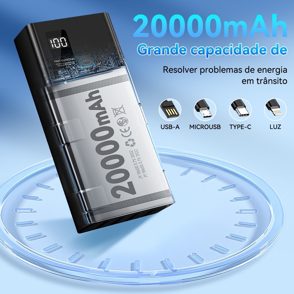 Carregador Power Bank Portátil Turbo com Display LED 20000mAh 66W Compatível iPhone e Samsung
