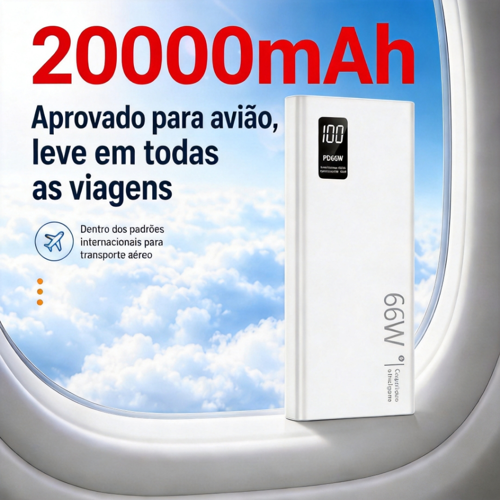 Power Bank 20000mAh 66W Super Rápido - Carregador Portátil com Display LED e Cabo, Bateria Externa Universal