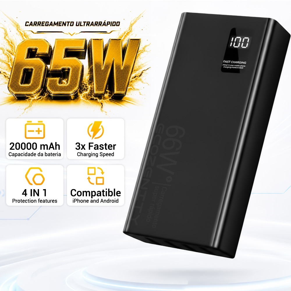 66W Carregador Power Bank Portátil Turbo 20000mAh com Display LED Compatível IPhone e Samsung