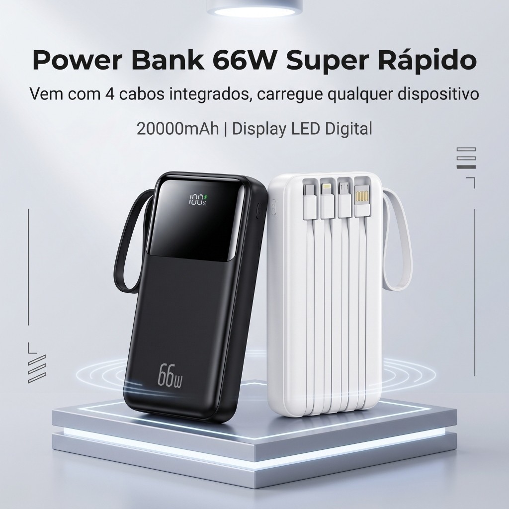 Carregador Power Bank 20000mah Portátil Display Digital 66W Carregamento Super rápido com 4 cabos