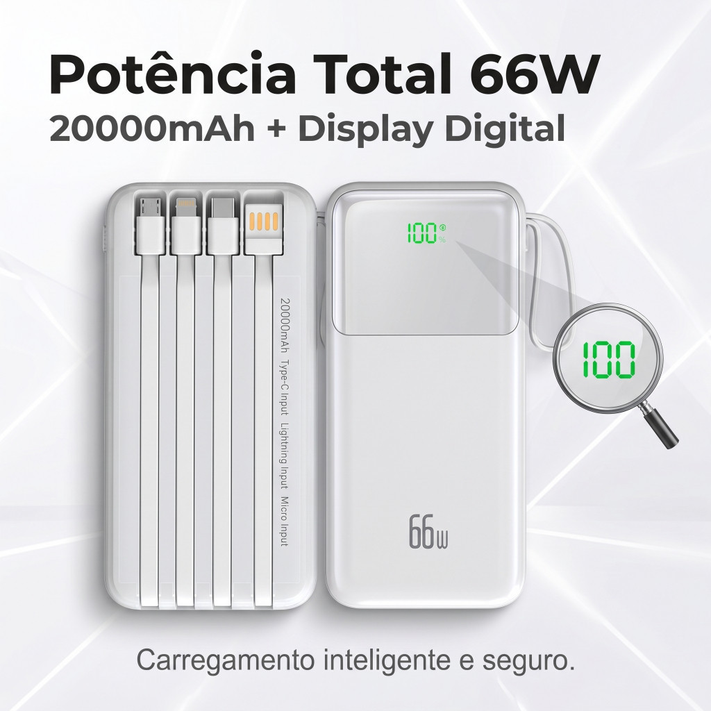 Carregador Power Bank 20000mah Portátil Display Digital 66W Carregamento Super rápido com 4 cabos