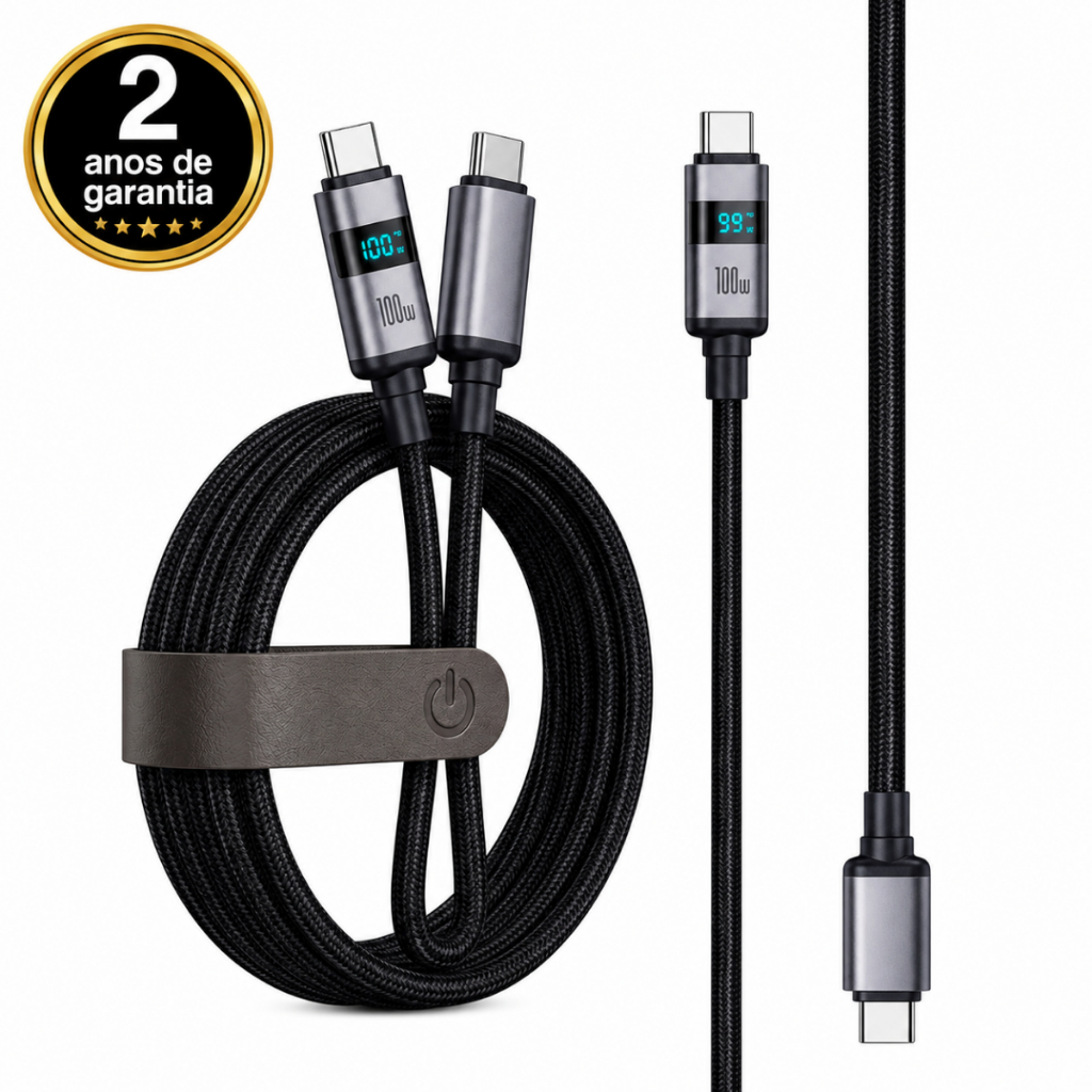 Cabo Tipo C Carregador E Dados Turbo 100w Visor Digital Preto Trançado Resistente Para iPhone 15 16 17 Pro Max ZCB100