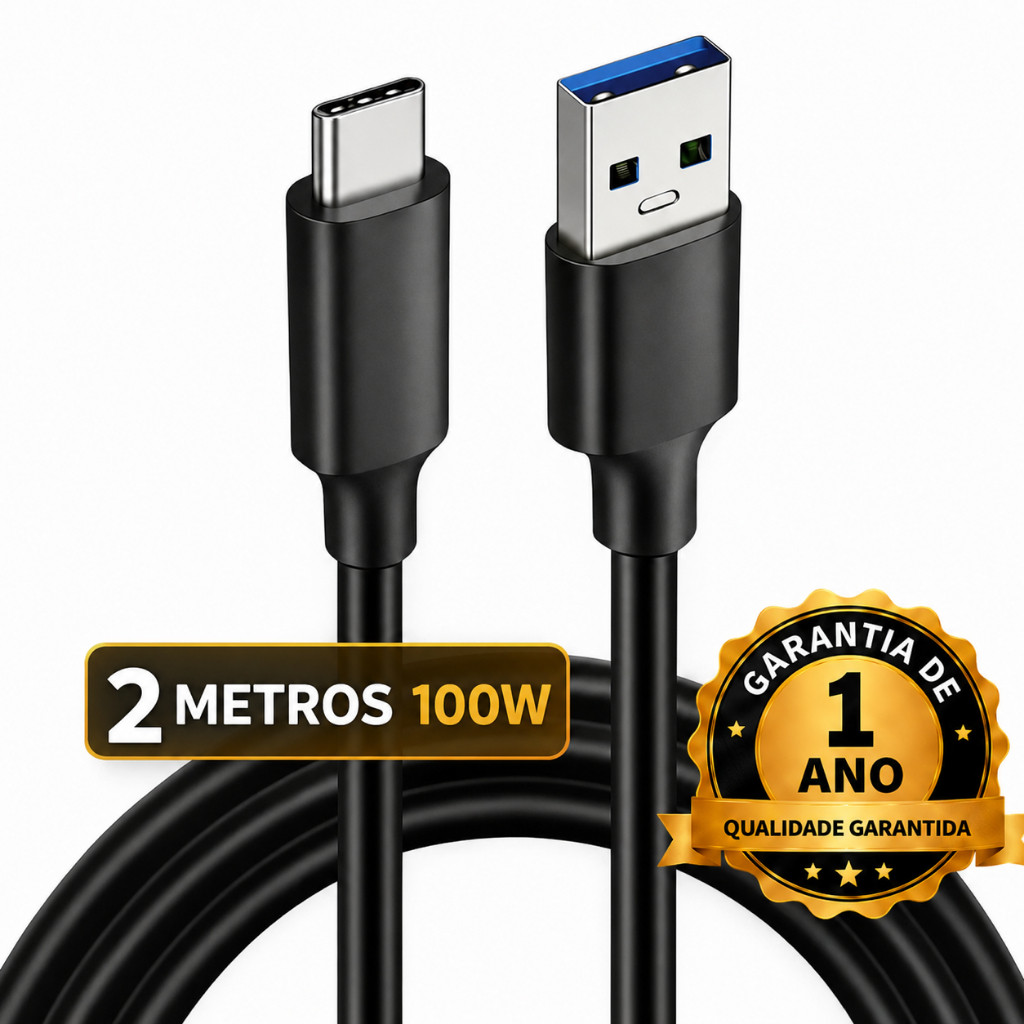 Cabo USB Tipo C 100W 2 Metros Turbo Compatível Samsung Galaxy iphone 15 16 17 Pro Max Carplay Auto Android Ps5 Dtimp