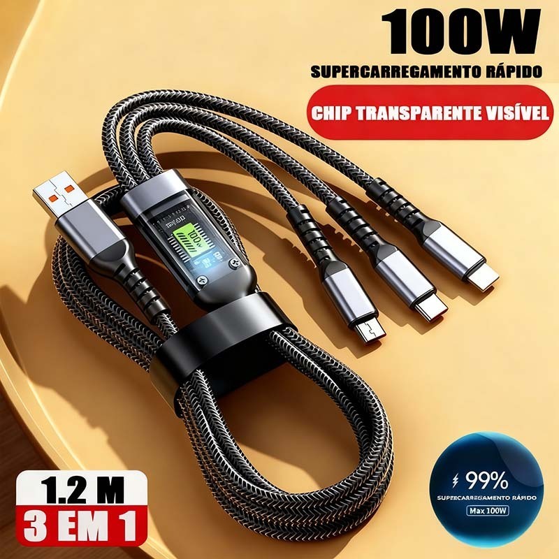 100W 6A Cabo De Carregamento 3 Em 1 De Liga De Zinco 100W 6A Carregador Super Rápido USB Proteção Para Micro Tipo C-A1