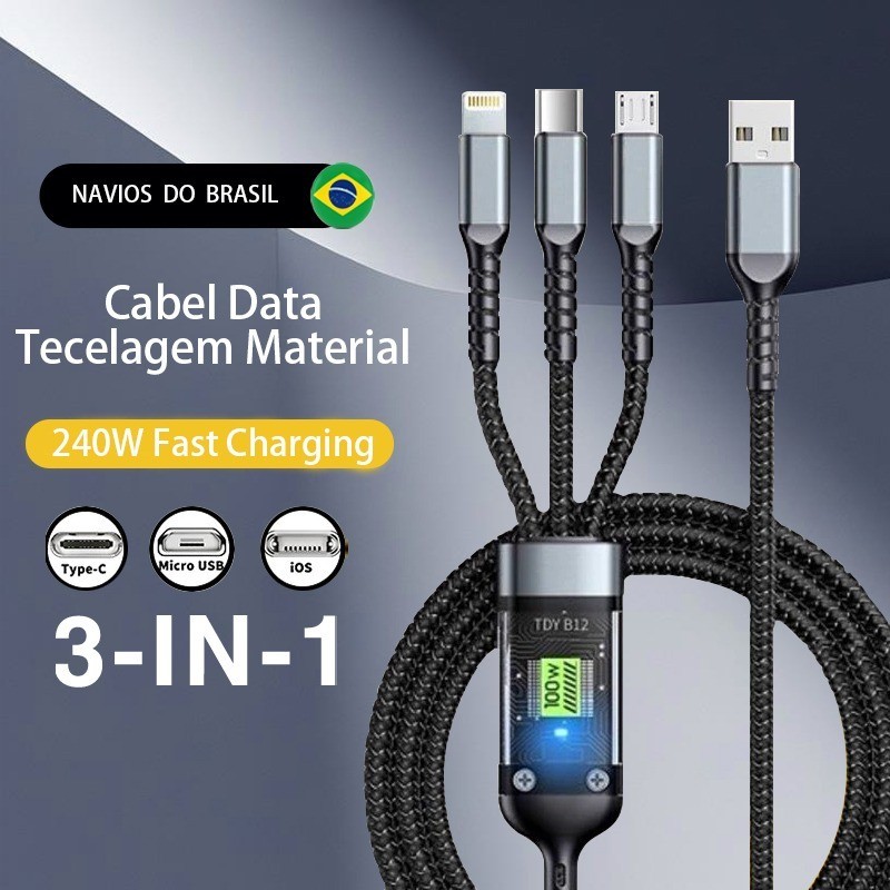100W Carregamento Super Rápido Transparente Luminoso 3 Em 1 Micro USB Tipo C IOS Cabos Trançados Anti-Quebra BBC