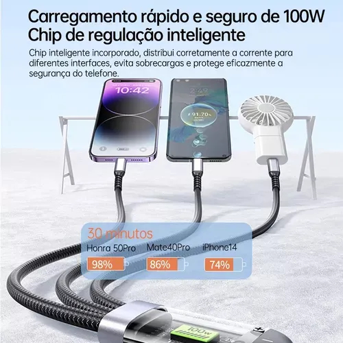 Cabo 3 em 1 TURBO Carregador 100W 6A - Tipo C Iphone Micro USB - Carregamento Simultâneo