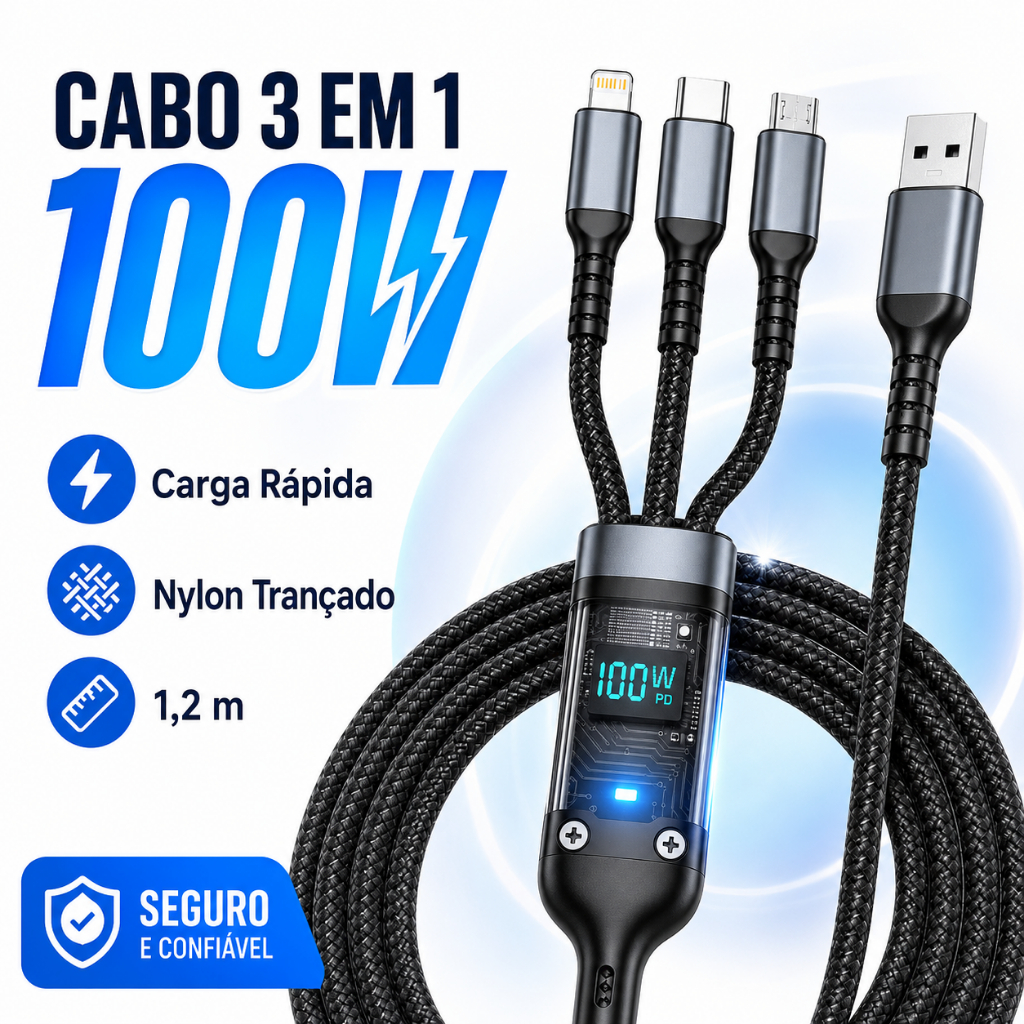 Cabo Carregador 3 em 1 100W Carga Rápida com Display Digital, Nylon Trançado 1,2m, USB para Type-C Lightning e Micro USB