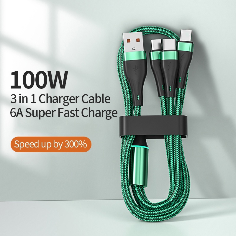 Cabo de Carregamento Super Rápido de 100W 6A 3 em 1 Micro USB / Type-C / Cabo para iP