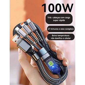 Cabo 3 em 1 TURBO Carregador 100W 6A - Tipo C Iphone Micro USB - Carregamento Simultâneo - OFERTA