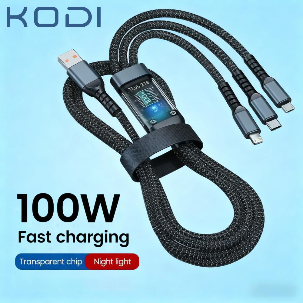 Cabo 3 em 1 Carregamento Rápido 100W 6A – Liga de Zinco, 1.2m, USB para Lightning/Type-C/Micro A1
