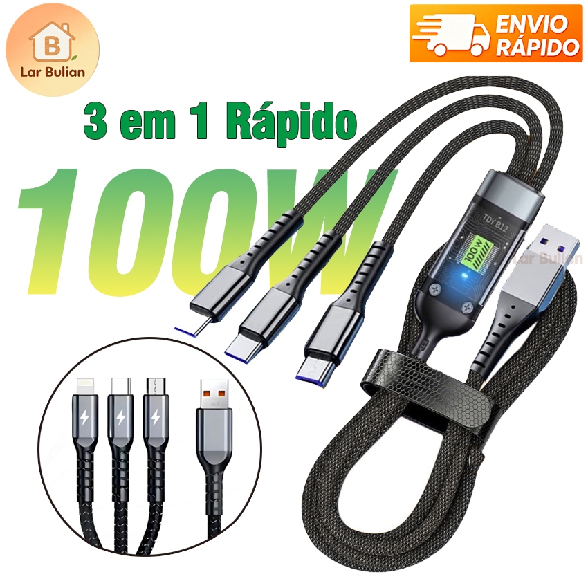 ⚡ Cabo Carregador 3 em 1 100W Ultrarrápido 1.2m | Micro USB Tipo C Lightning Compatível com Celulares 🚚 Envio Rápido