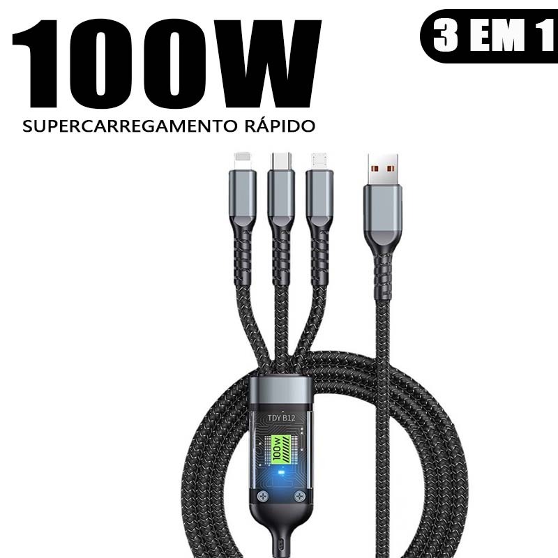 Cabo 3 em 1 Carregamento Rápido 100W 6A Liga de Zinco 1.2m USB para Lightning/Type-C/Micro A1