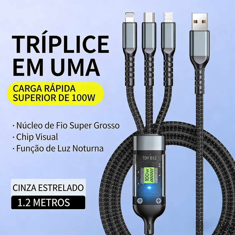 Cabo De Carregamento 1.2M 3 Em 1 De Liga De Zinco 100W 6A Carregador Super Rápido USB Proteção Para Micro Tipo C