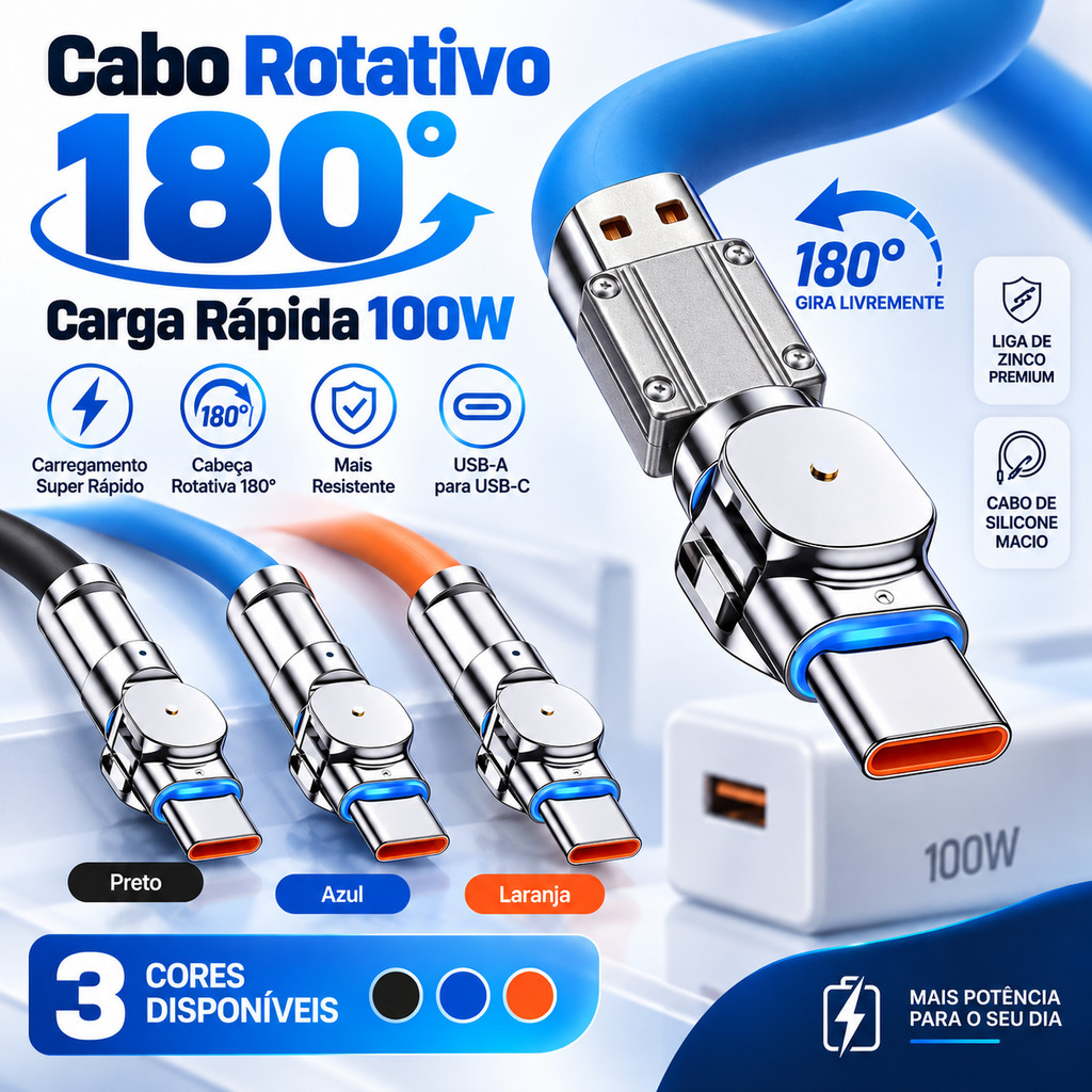 Cabo 100W Tipo-C Lightning Micro USB Rotativo 180° Carga Rápida Liga de Zinco Silicone para Celular 3 Cores