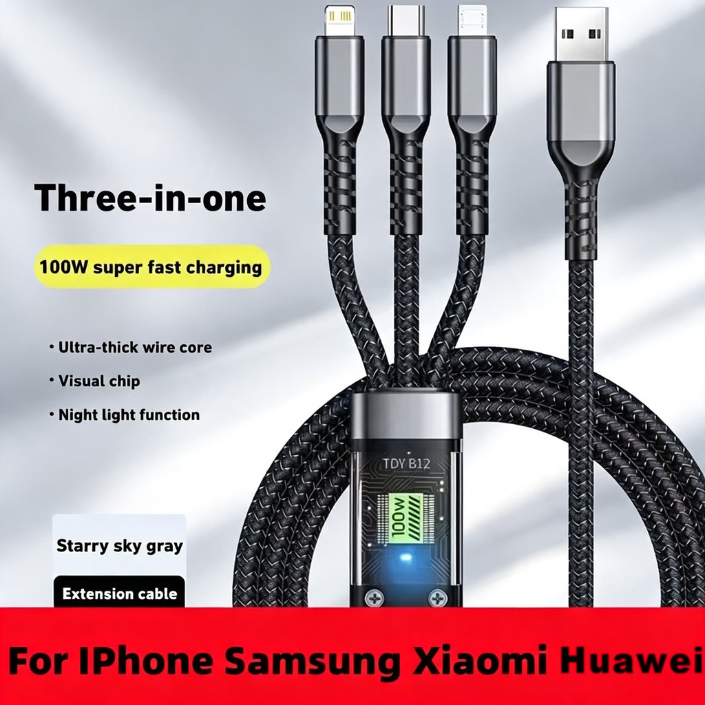 Cabo De Carregamento 3 Em 1 De Liga De Zinco 100W Ultra Rápido Para Micro USB-C iPhone Lightning