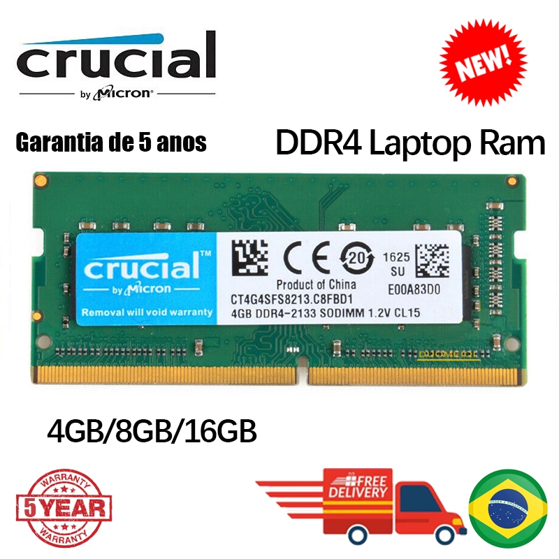 Memória Crucial DDR4 Notebook 4GB 8GB 16GB 2666MHz 2400MHz 2133Mhz 3200Mhz RAM Portátil PC4 SODIMM