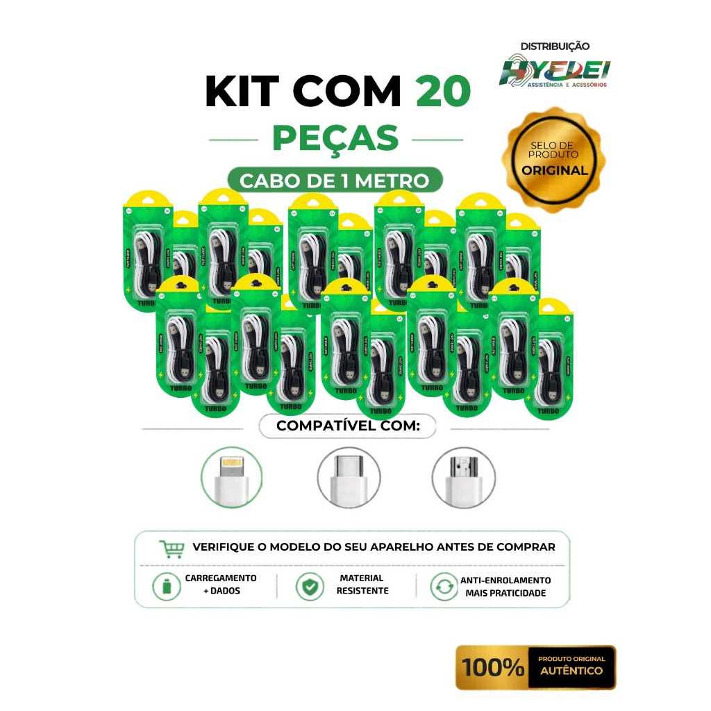 Kit 20 cabos carregador Fast Charge Turbo e dados - Tipo-C - Iphone - Micro v8 - Atacado