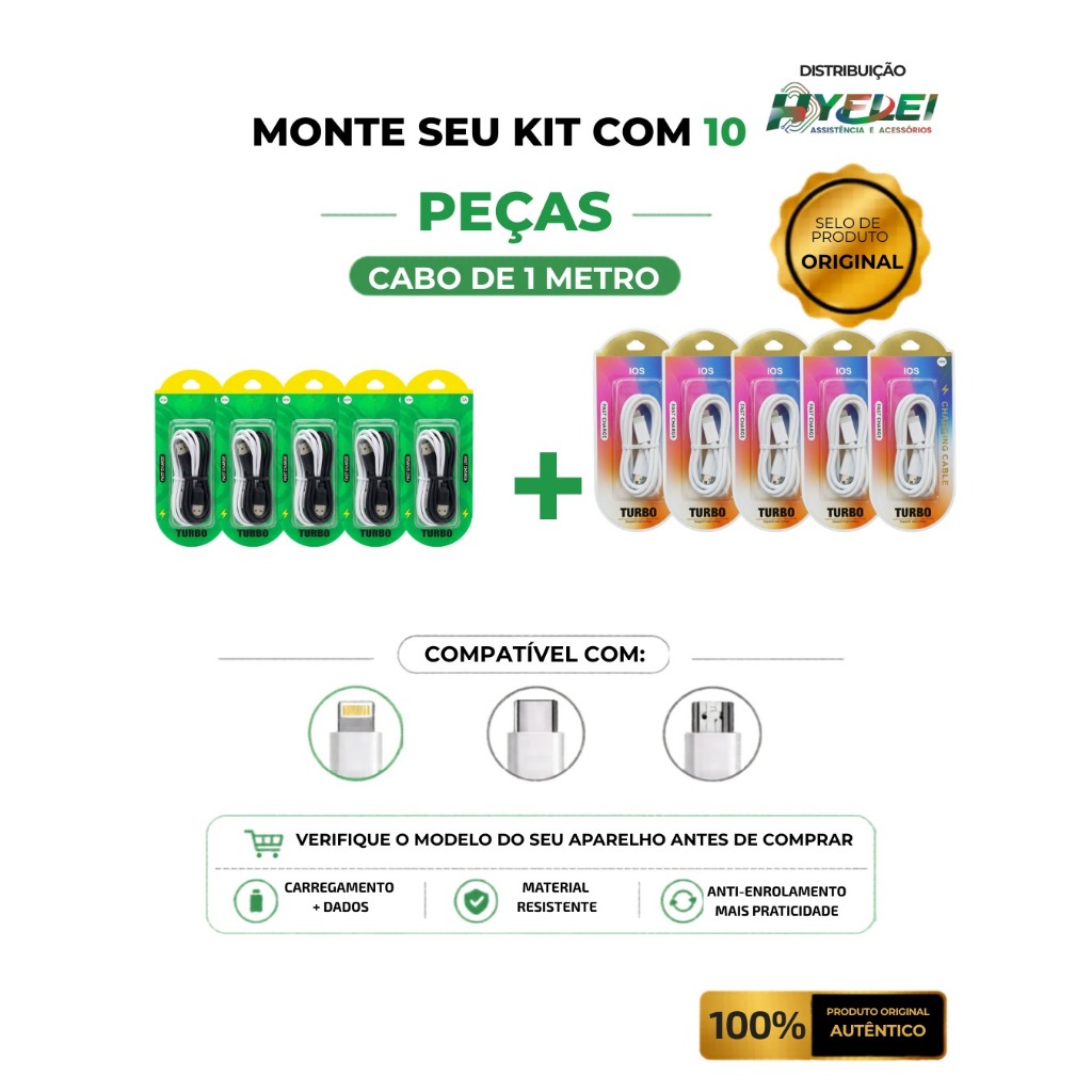 monte seu Kit 10 cabos Carregador Fast Charge turbo + dados - Tipo-C - Iphone - Micro v8 - Atacado