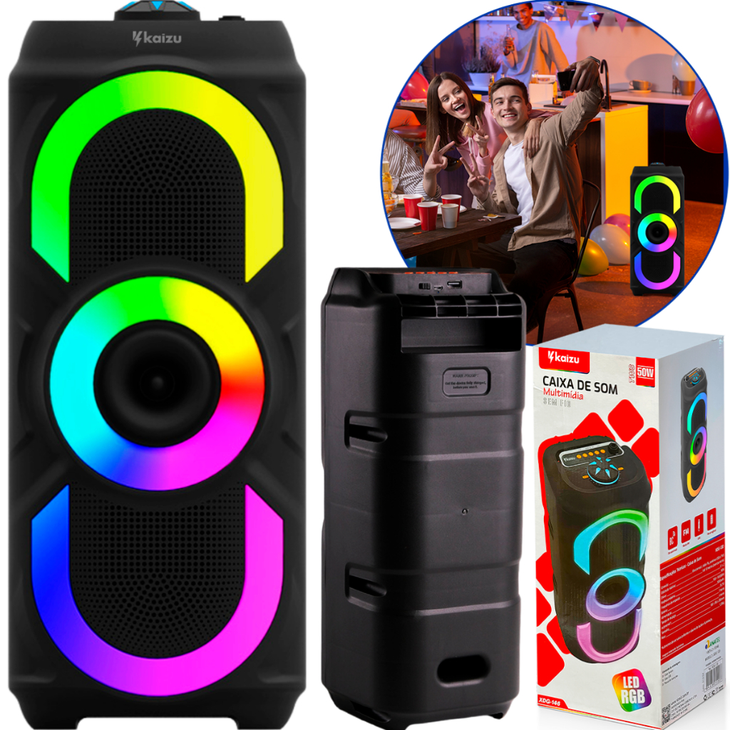 Caixa de Som Bluetooth Kaizu XDG-146 50W com LED RGB, Rádio FM, USB, MicroSD, Entrada Mic e Bateria Recarregável 1500mAh