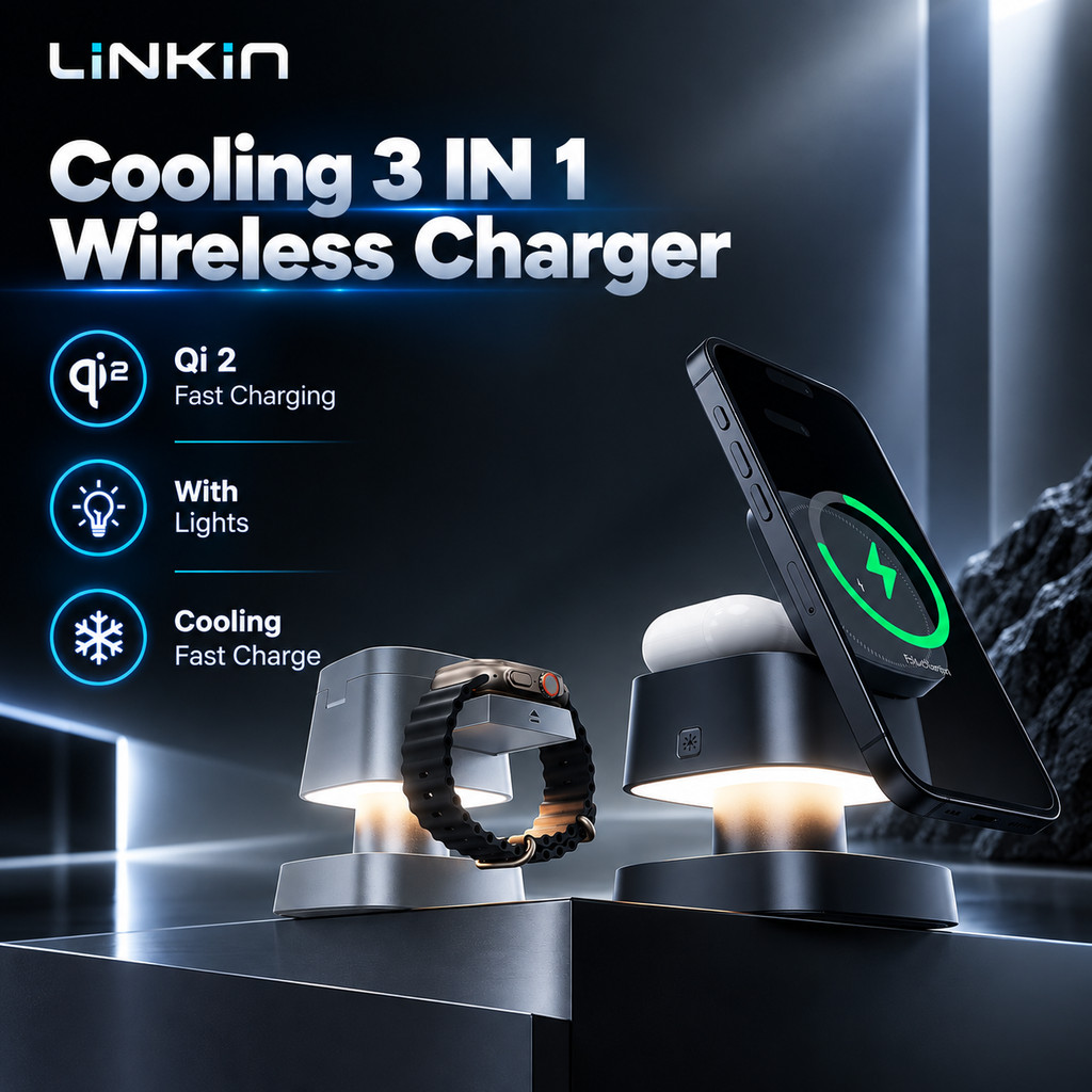 LINKIN Qi 2 Cooling 3 Em 1 Carregador Sem Fio iPhone Watch AirPods Luz Noturna Magnética