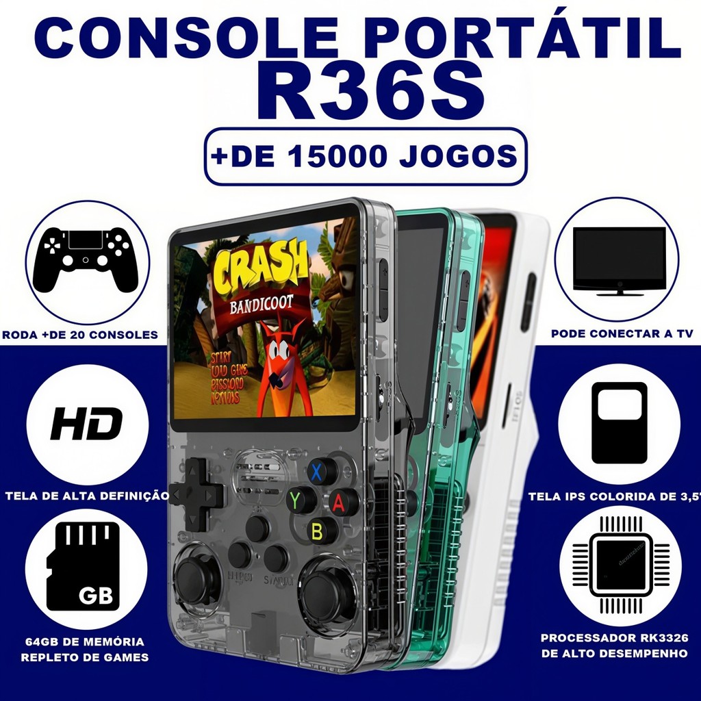 Console R36S Portátil Retrô com 15000 Jogos 64GB IPS 3,5