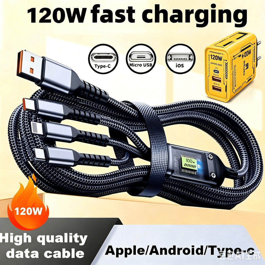 Deluxe 120 Watt 3-in-1 Charging Cable/120 Watt Quick Charge/Zinc Alloy Cable