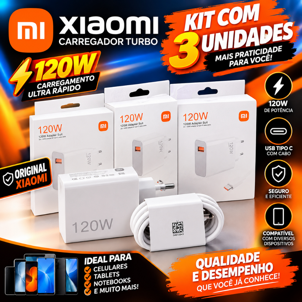 Kit com 3 Carregador Super Turbo Tipo C 120W Xiaomi