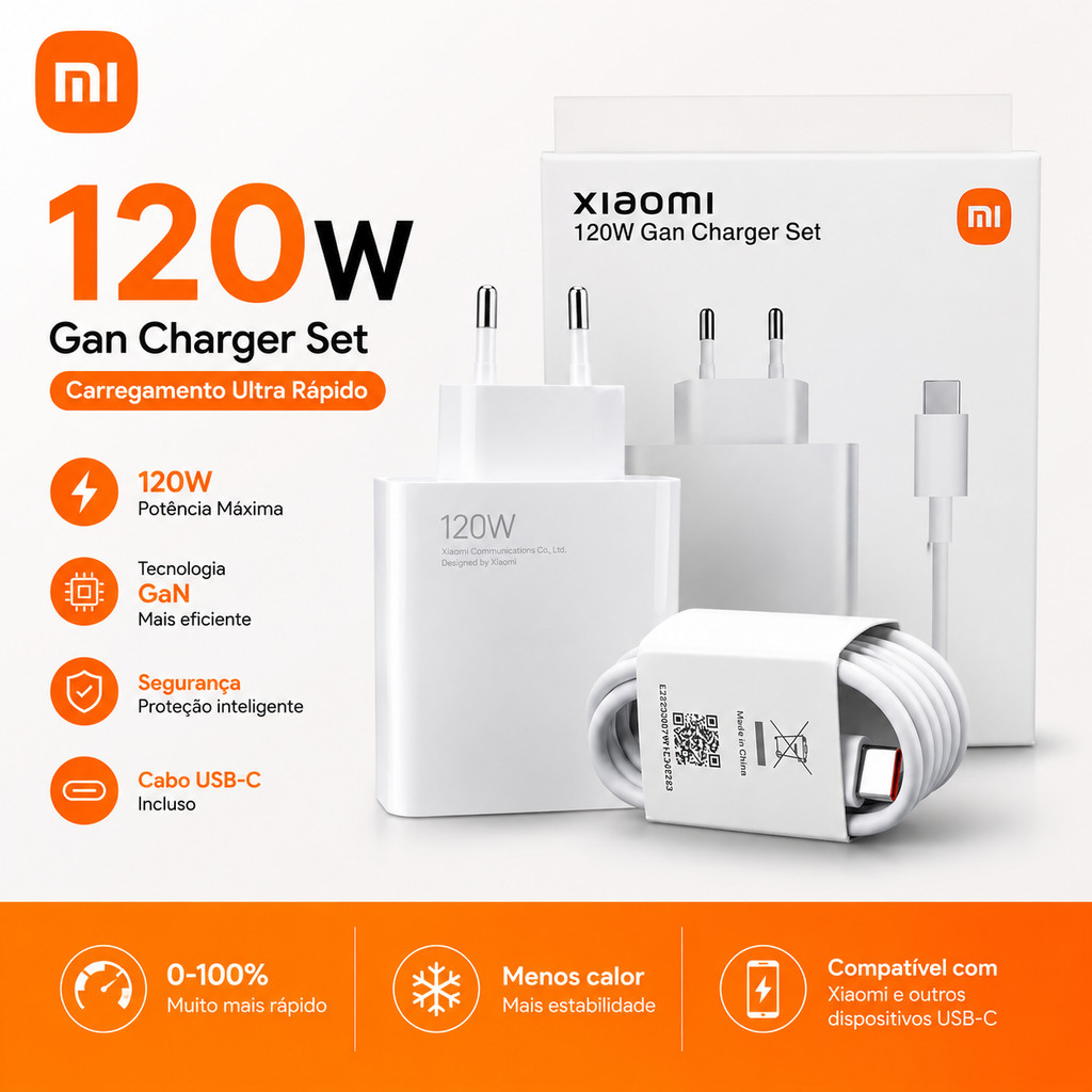 Carregador Original 120W Turbo Completo Cabo USB-C Tipo C Carga Super Rápida