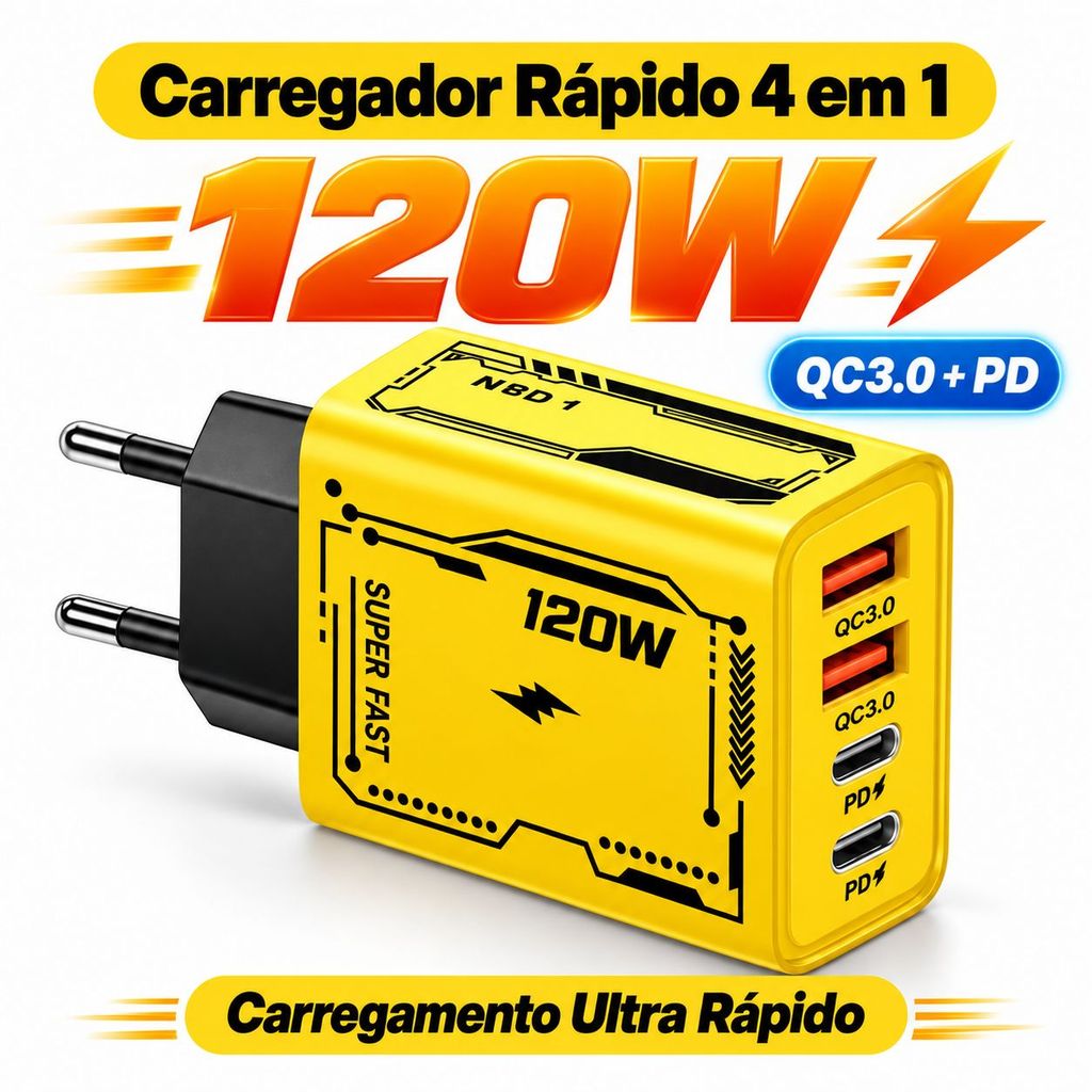 Carregador de Parede 120W Super Rápido 4 em 1-2 USB-C + 2 USB-A Compatível com iPhone/Samsung/Tablet e Notebook