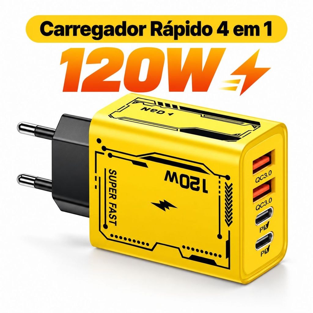120W Carregador 4 Portas Tomada 2USB QC3.0 2Tipo C PD Para Celular Notebook Console