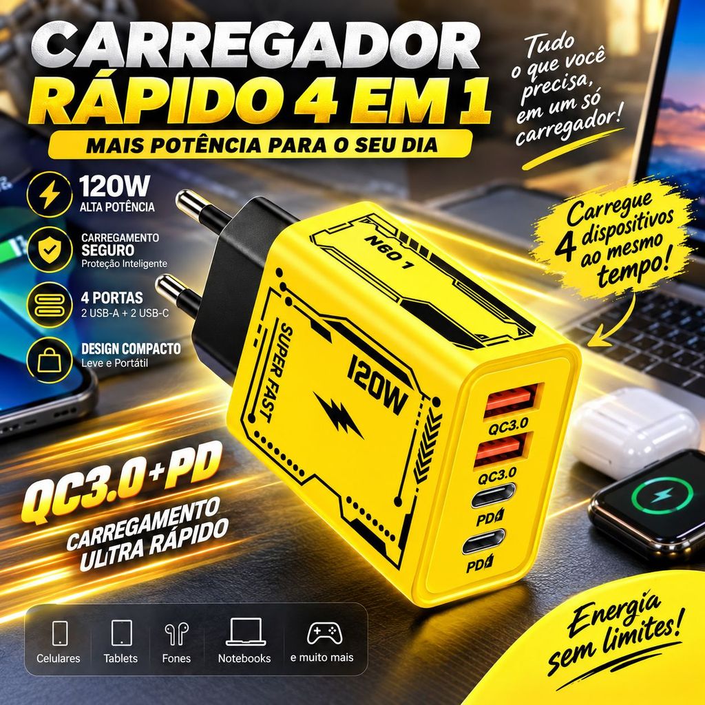 Carregador 120W Ultra Rápido QC3.0 + PD 4 Portas USB/Tipo-C Compatível com iPhone Xiaomi Samsung