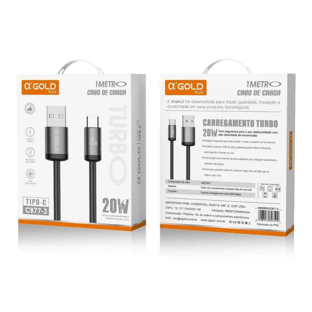 Cabo USB Tipo C 1 Metro 20W Fast Charging AGOLD CB77-3 Carregamento Rápido e Alta Durabilidade