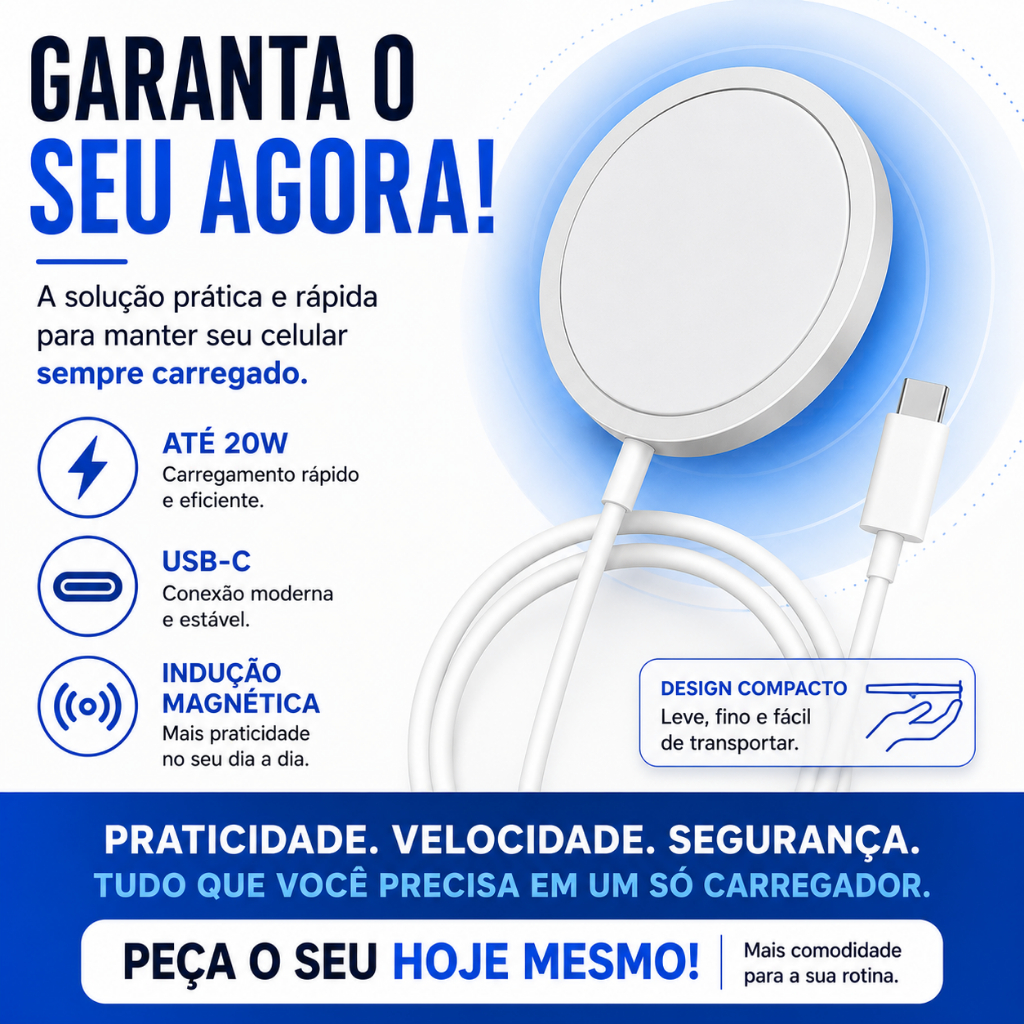 Carregador Magnético 20W Sem Fio por Indução Fast Charging USB-C 1M