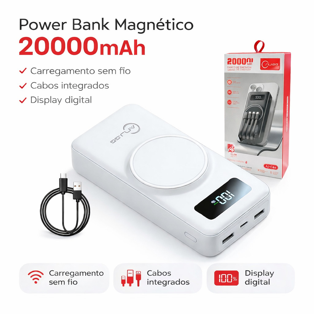 Power Bank Magnético 20000mAh Wireless 22,5W com 4 Cabos Integrados