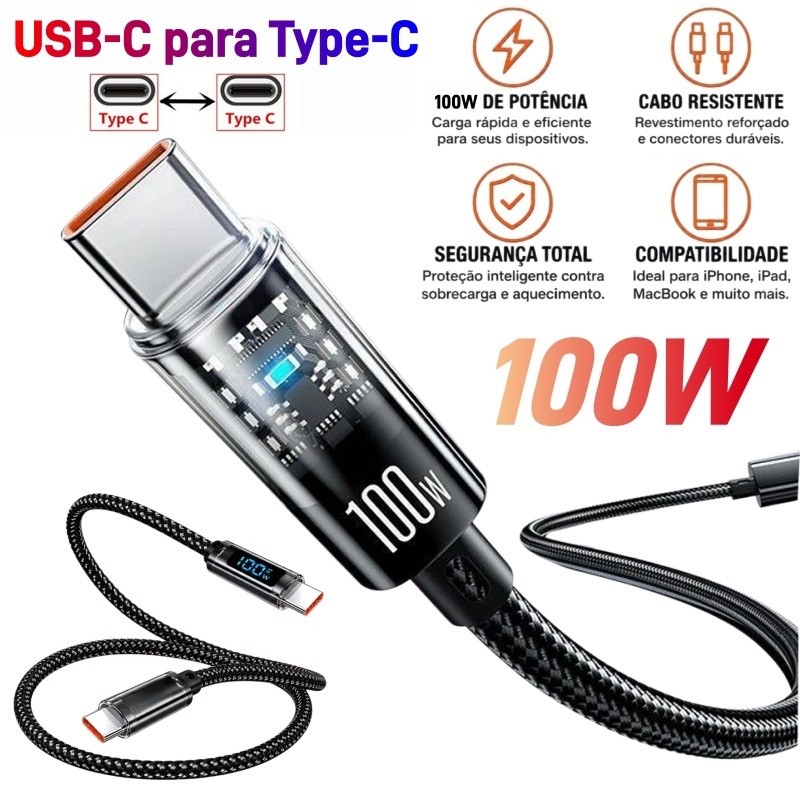 100W PD Type-C Cable | USB-C para Type-C | USB para Lightning | Carregamento Rápido- Transparente e Chip Visível