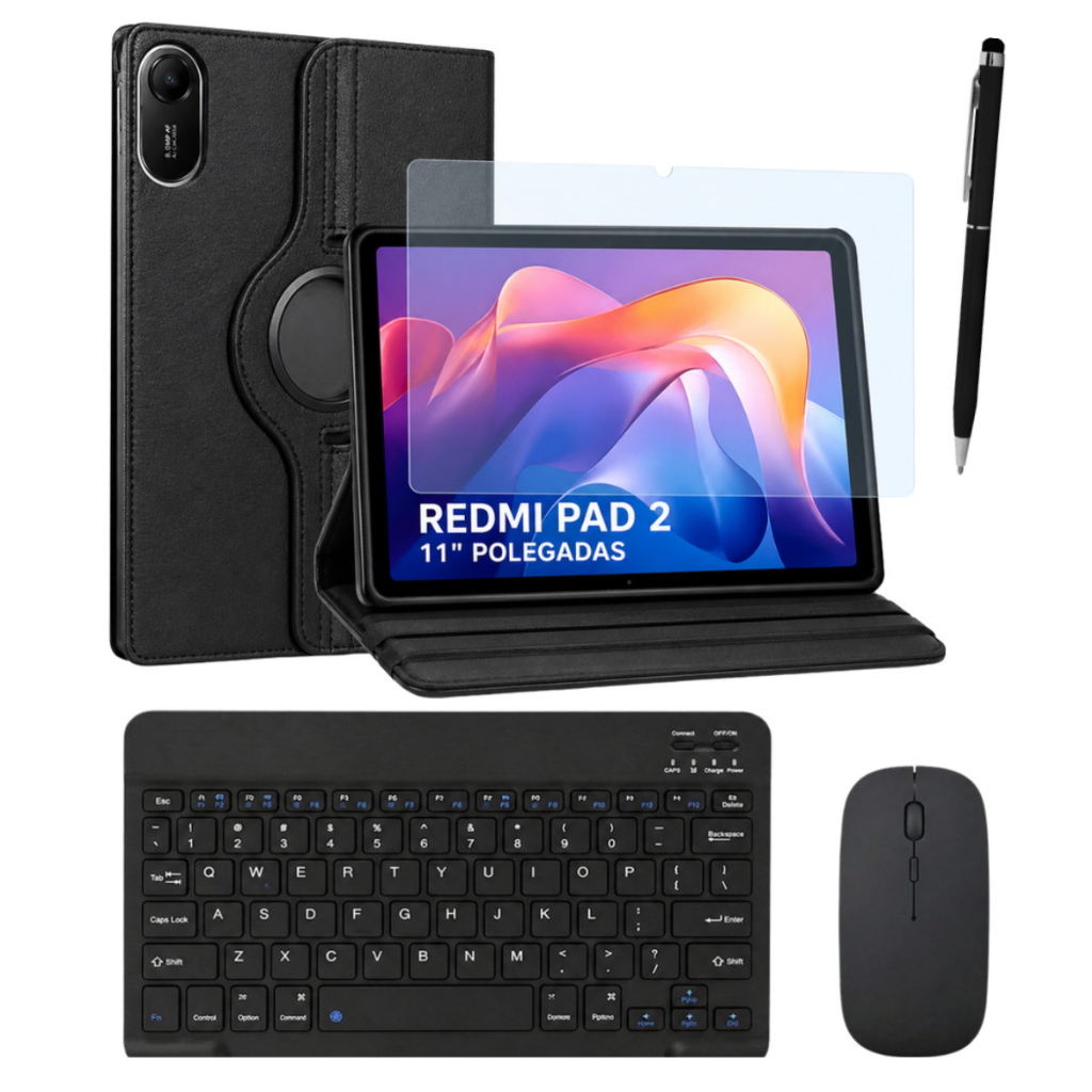 Kit para Redmi Pad 2 11” Capa Giratória + Teclado e Mouse Bluetooth + Película de Vidro + Caneta Touch 2 em 1