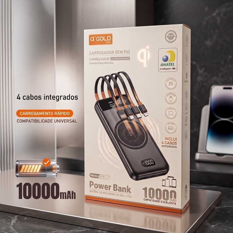 Power Bank Carregador Portátil Indução Wireless A’Gold com Cabos Embutidos
