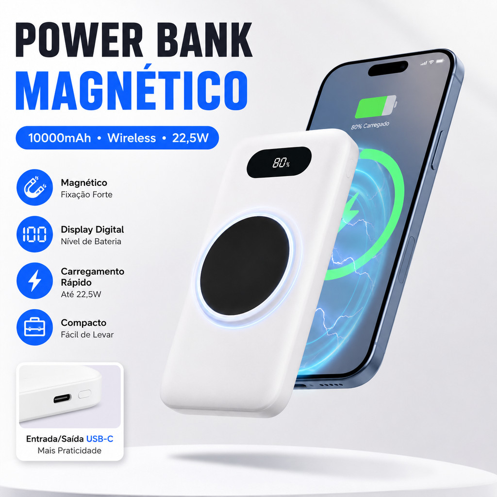 ⚡ 10000mAh, carga wireless magnética, 22,5W rápida, display digital portátil.
