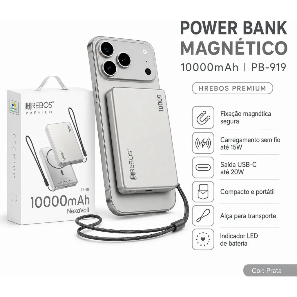 Power Bank NexaVolt 10000mAh Wireless 15W PD 20W Carregamento Rápido USB-C Hrebos